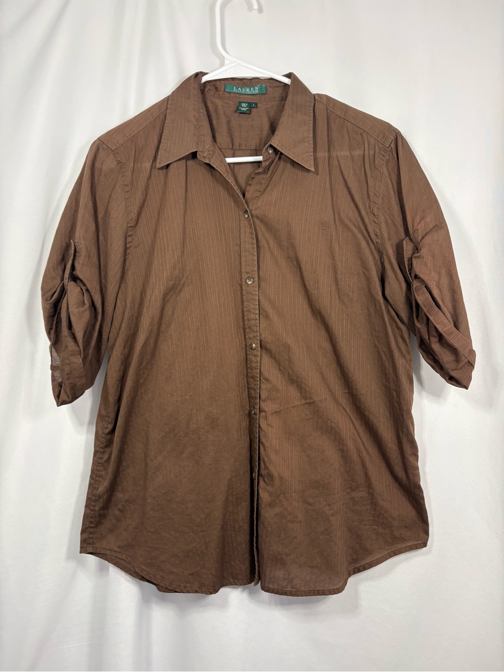 Ralph Lauren Brown Cotton Women’s Button-Up Shirt Size Large Gathered Sleeves